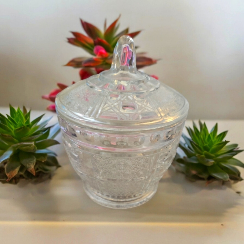 Vintage Pressed Glass Lidded Candy Jar Daisy & Cane Pattern Candy Jar